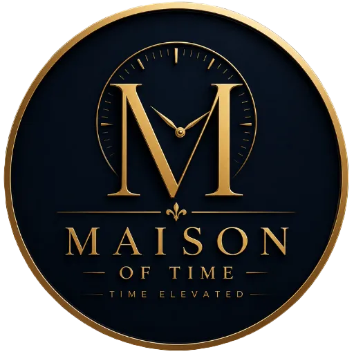 A circular black and gold logo design featuring a large ornate letter M over a clock face motif, with the text 'MAISON OF TIME' and 'TIME ELEVATED' below.